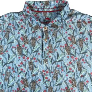Tommy Bahama Mens XL Polo Shirt Blue Tiki Mask Tropical Print Short Sleeve